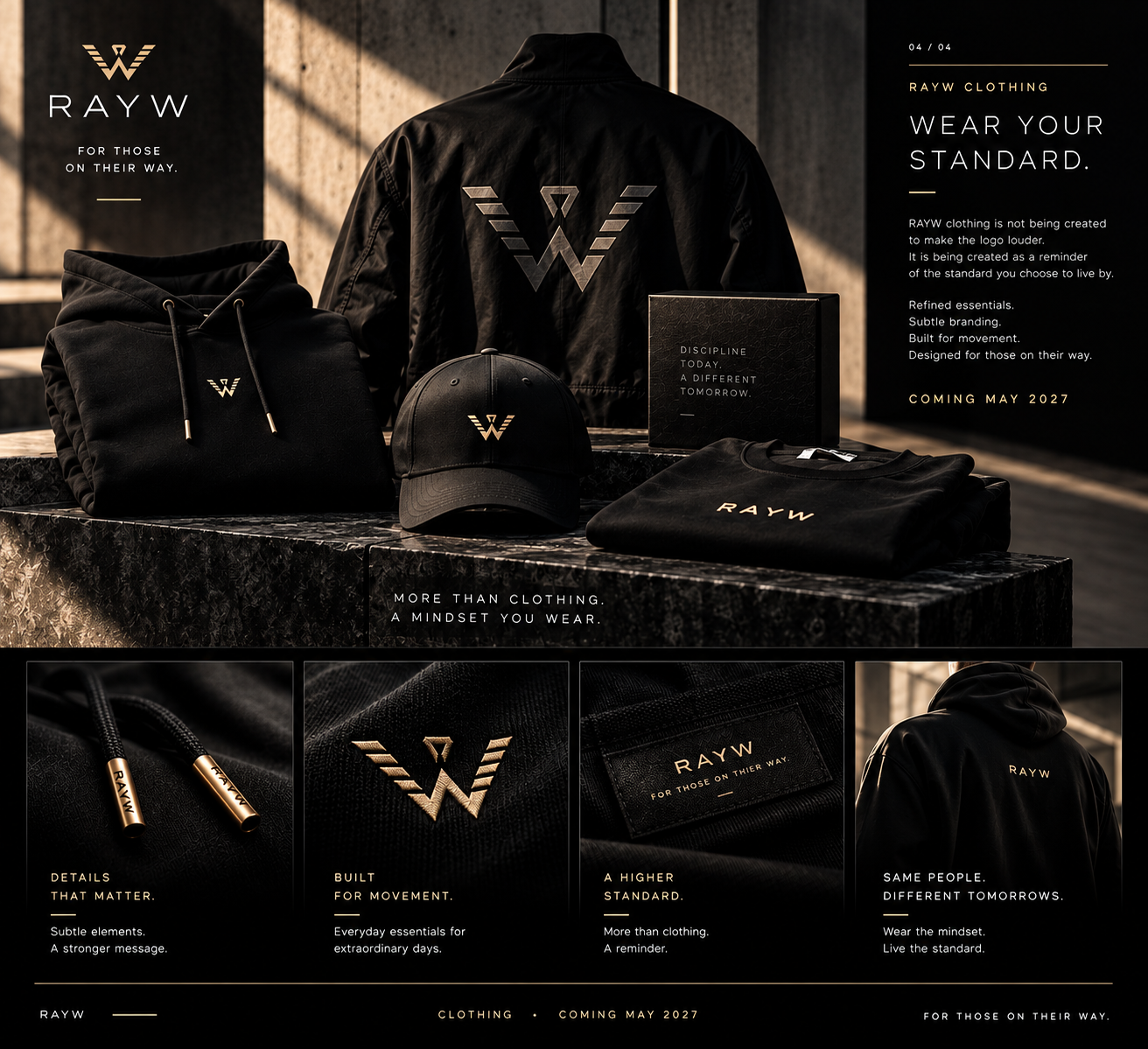 A restrained preview of future black RAYW clothing
