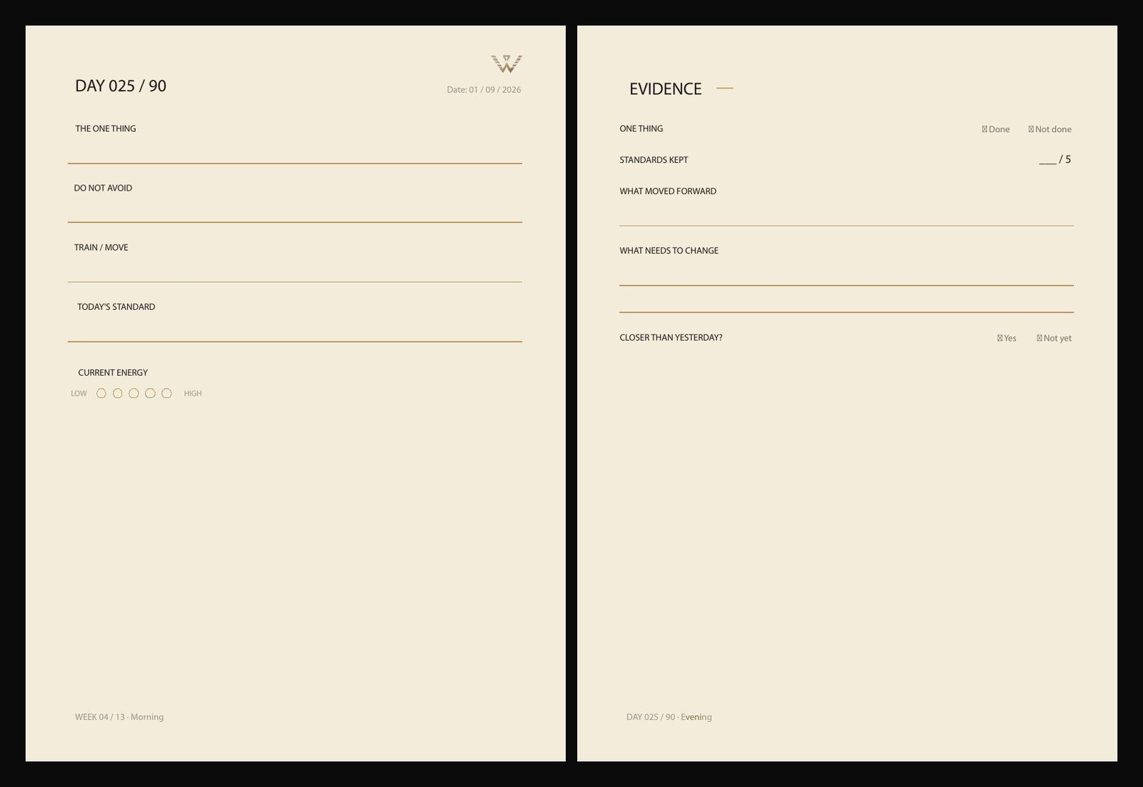 A daily spread: morning intent and evening review